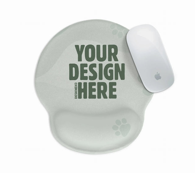 Custom ergonomic mouse pad with a gel wrist rest, shown as a blank personalizable template with a 'your design here' placeholder, next to a white mouse