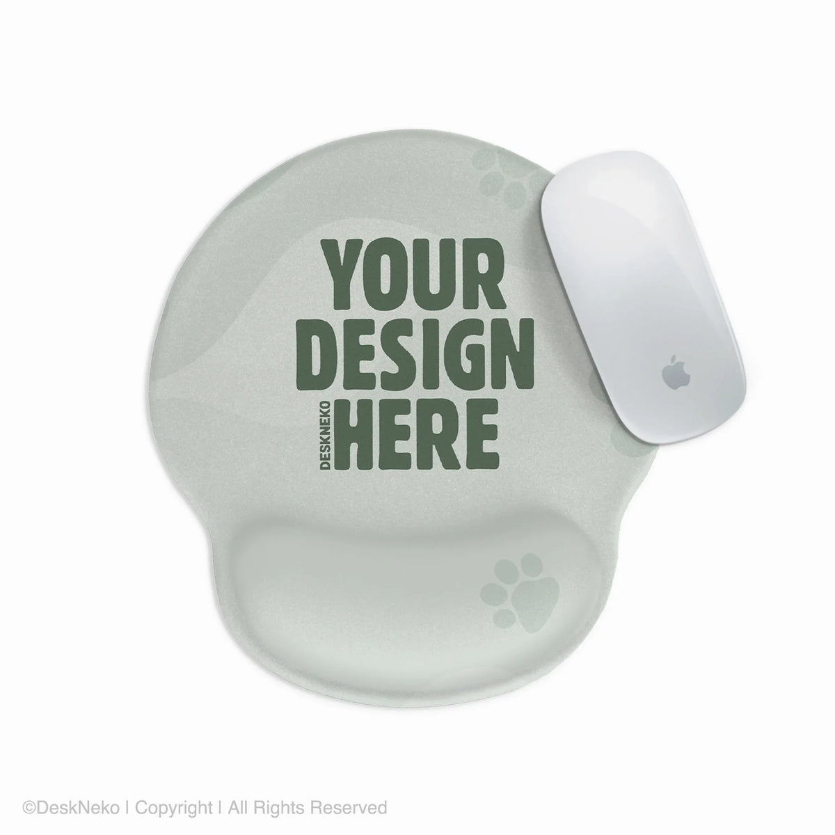 Custom ergonomic mouse pad with a gel wrist rest, shown as a blank personalizable template with a 'your design here' placeholder, next to a white mouse