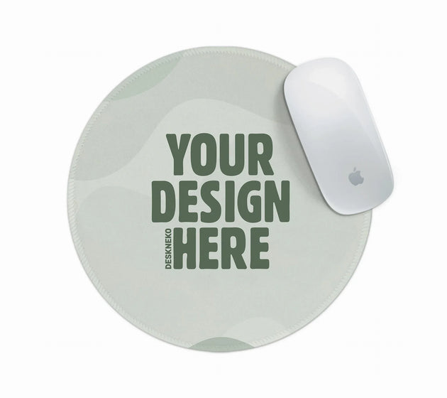 Custom round mousepad shown as a blank sage-green personalizable template with a 'your design here' placeholder, next to a white mouse
