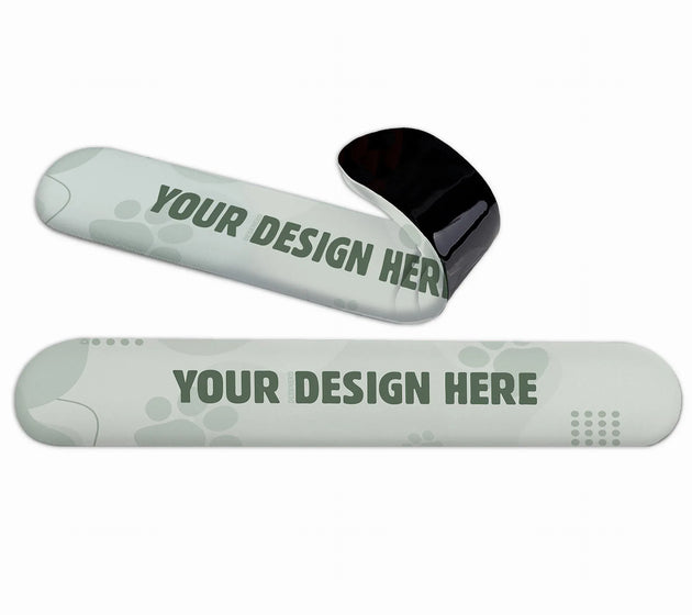 Custom keyboard wrist rest shown from the front and flipped to reveal its black non-slip base, as a blank sage-green personalizable template with a 'your design here' placeholder