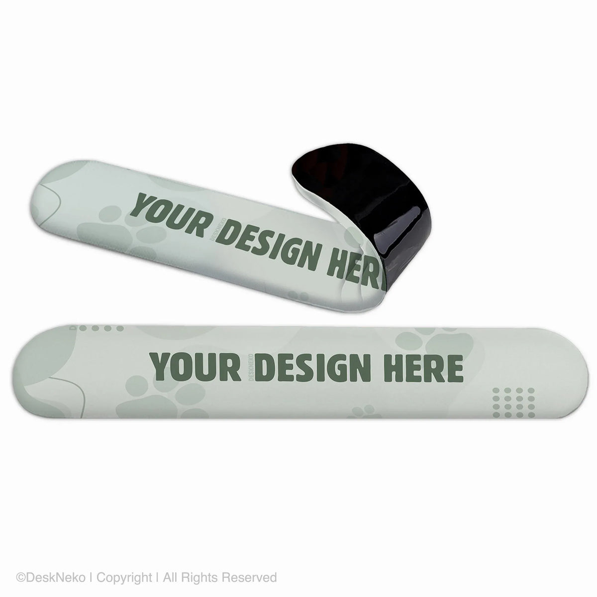 Custom keyboard wrist rest shown from the front and flipped to reveal its black non-slip base, as a blank sage-green personalizable template with a 'your design here' placeholder