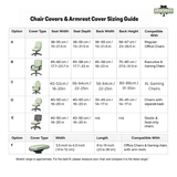 DeskNeko chair-cover size chart, options A through F; measure chair before ordering.