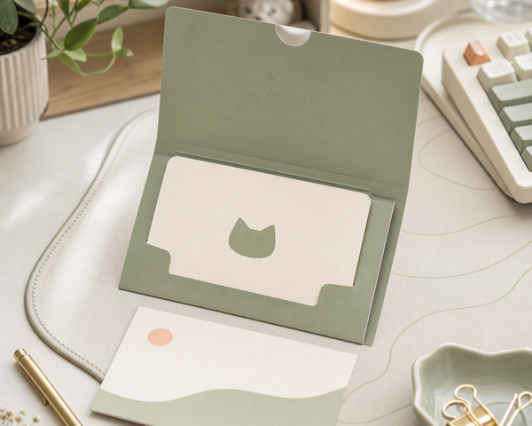 DeskNeko gift card in a soft sage desk setup