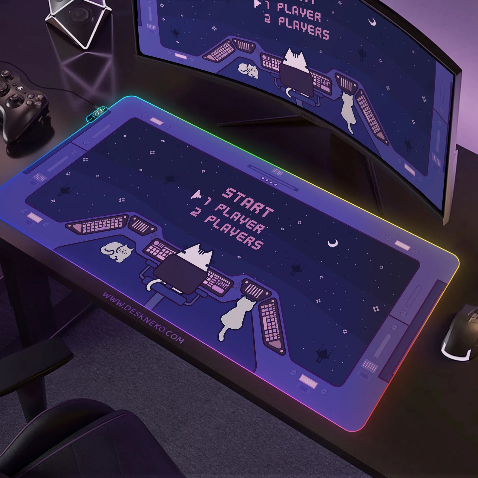 DeskNeko RGB LED gaming desk mat with the LED edge lit up