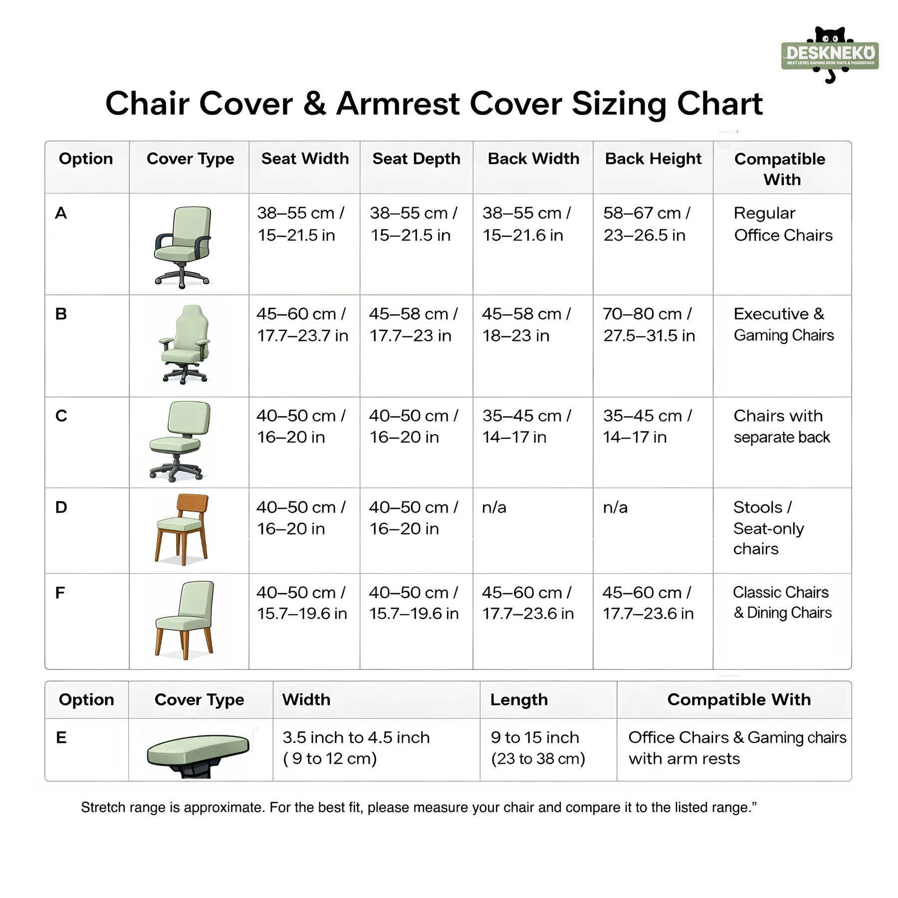 Office and gaming chair cover size chart