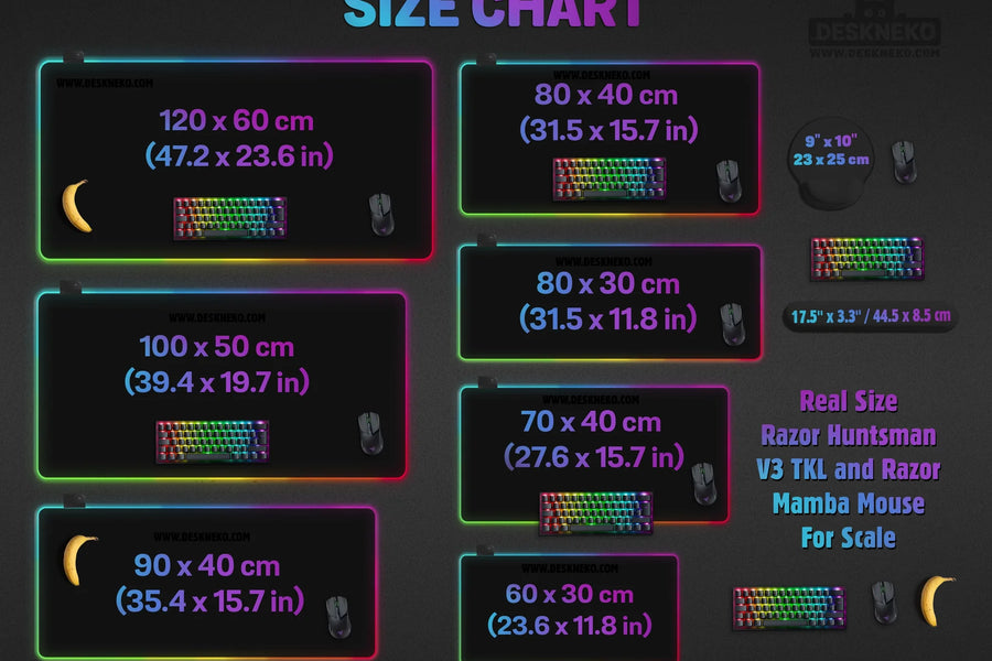 DeskNeko RGB LED desk mat size guide