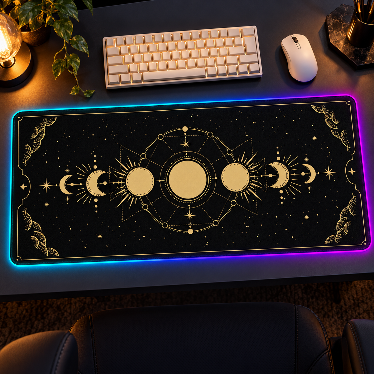 Moon Phases RGB-LED desk mat in an evening gaming setup