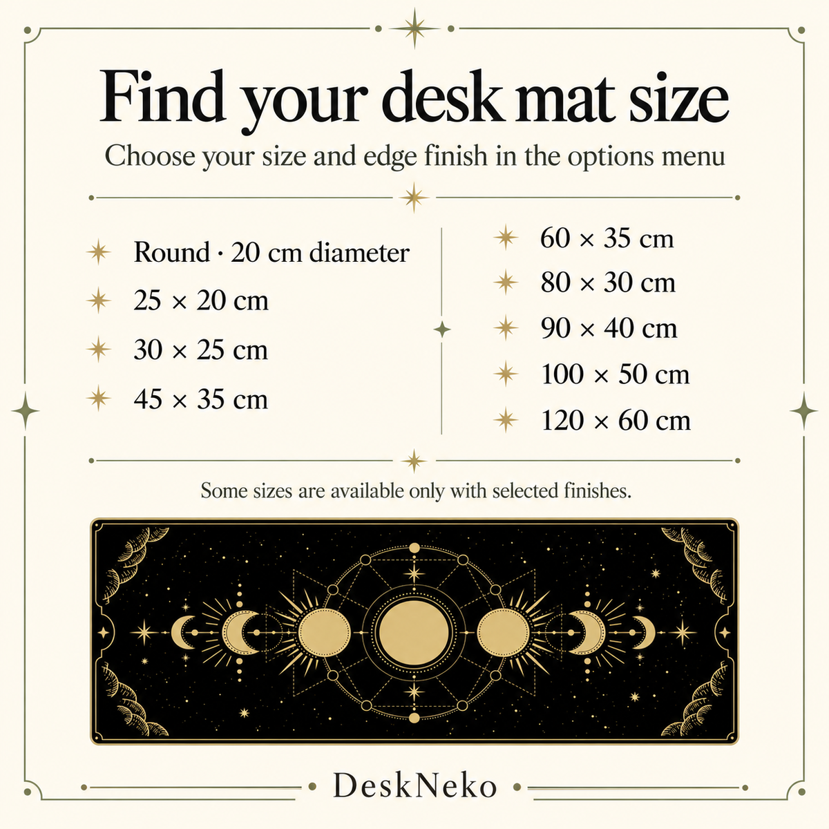 Moon Phases desk mat size choices in centimeters