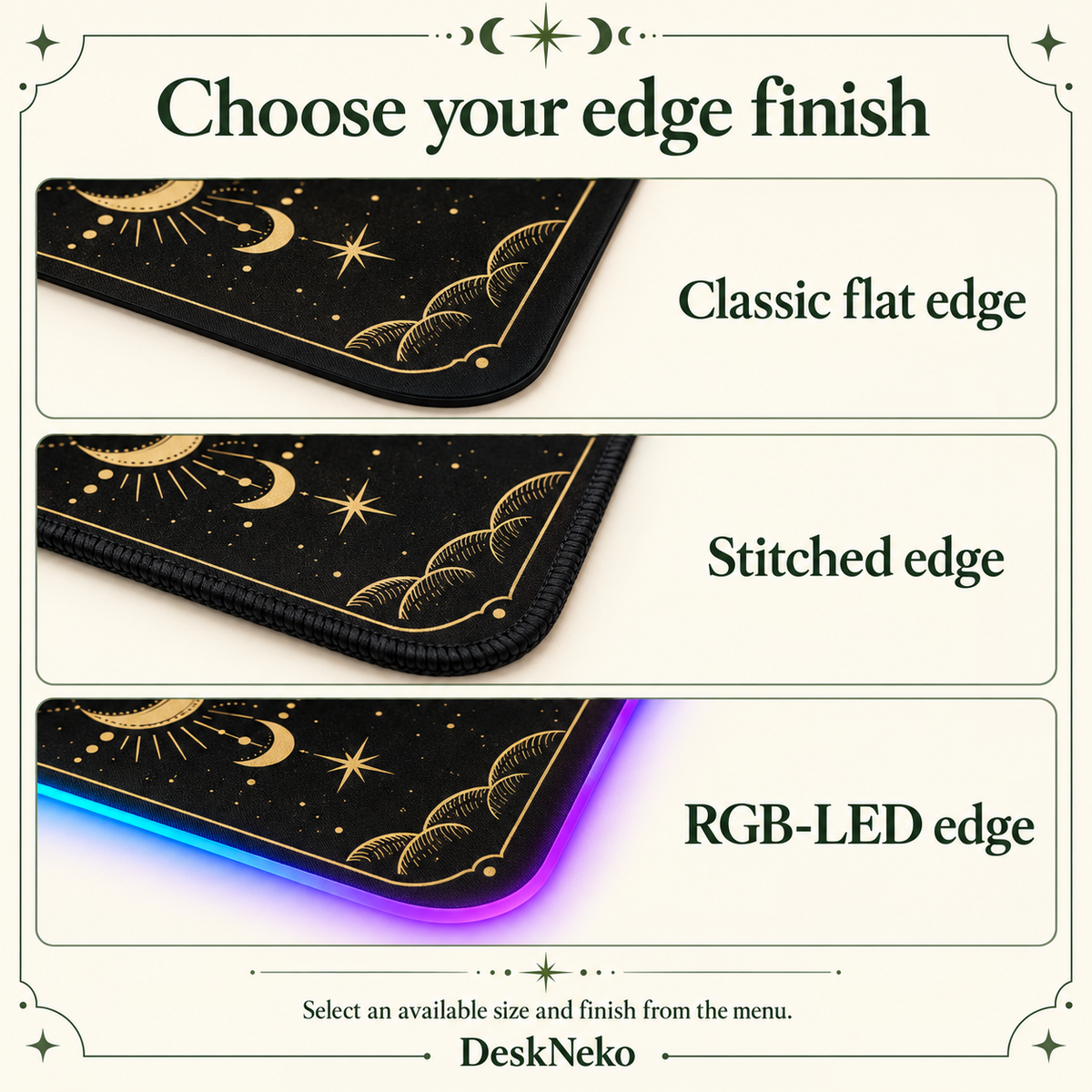 Comparison of flat stitched and RGB-LED edge finishes