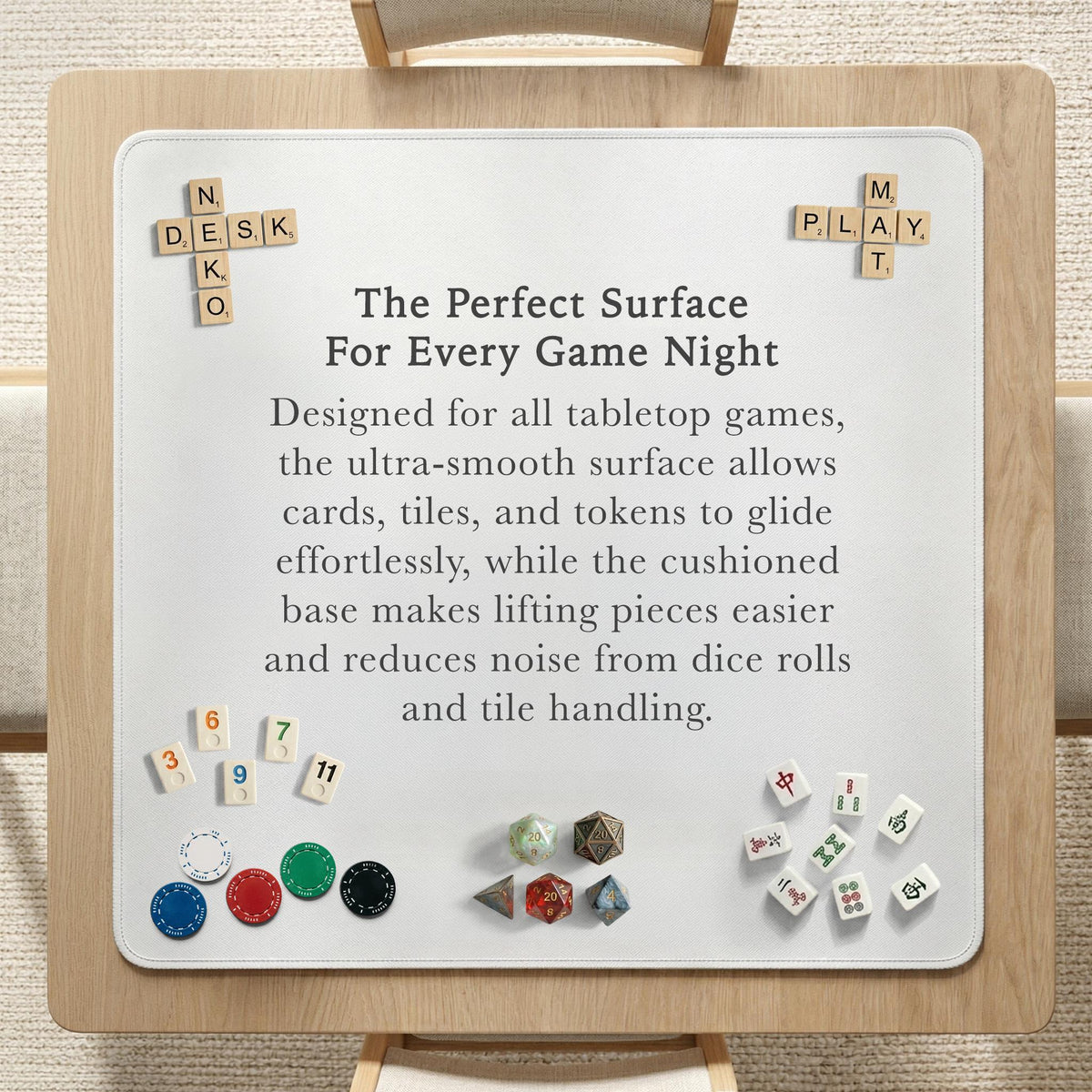 Sage green mahjong mat with a bamboo pattern, dragon design, printed rules around the edge, and a scalloped edge option.
