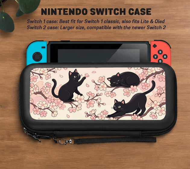 Switch case with black cats and cherry blossoms on a light pastel background.