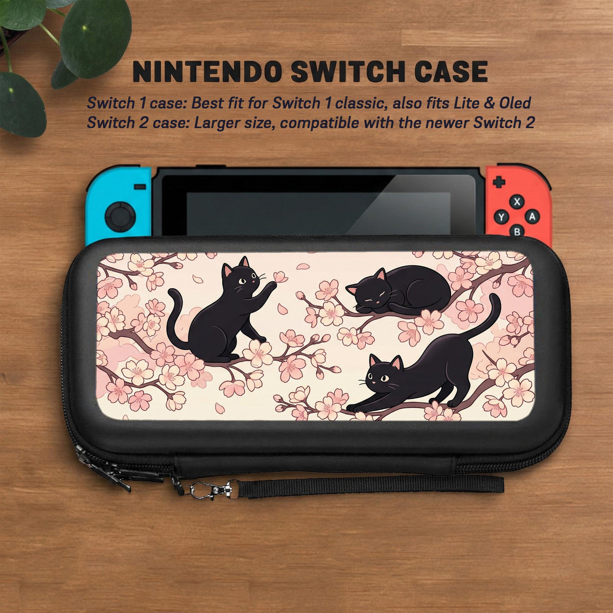 Switch case with black cats and cherry blossoms on a light pastel background.