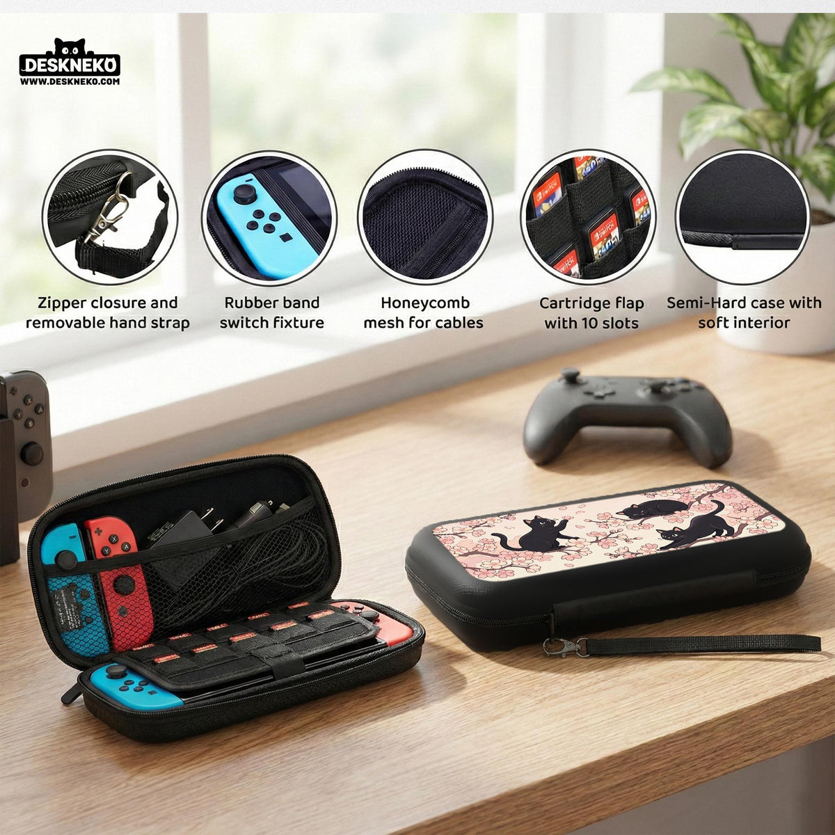 Switch case with black cats and cherry blossoms on a light pastel background.