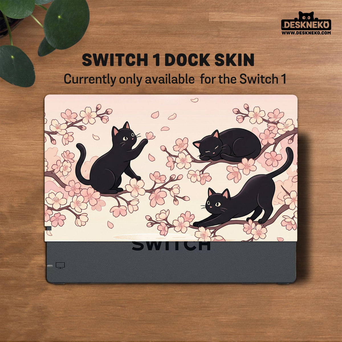 Switch case with black cats and cherry blossoms on a light pastel background.