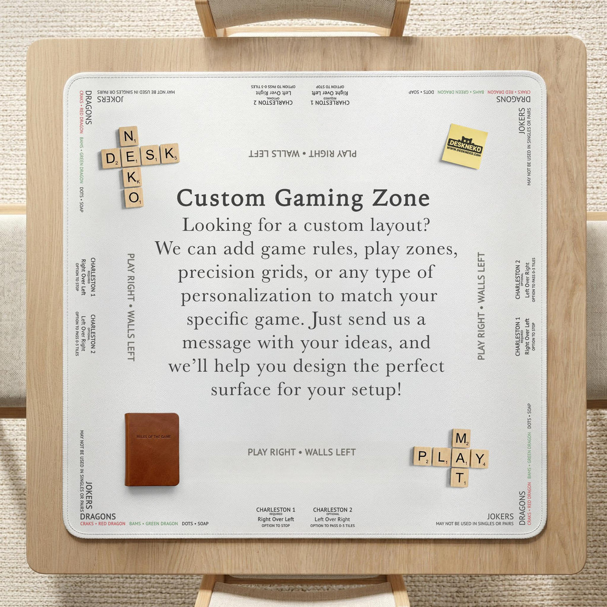 Square teal mahjong mat with koi fish, falling autumn leaves, and pond water artwork.