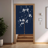 Navy door curtain with pink cherry blossom branches and a light floral layout on a dark background.