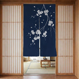 Navy door curtain with pink cherry blossom branches and a light floral layout on a dark background.