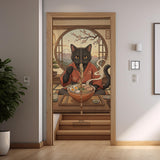 A decorative door curtain with a black cat design, cherry blossoms, and warm neutral background tones.