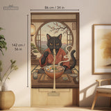 A decorative door curtain with a black cat design, cherry blossoms, and warm neutral background tones.