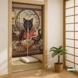 A decorative door curtain with a black cat design, cherry blossoms, and warm neutral background tones.