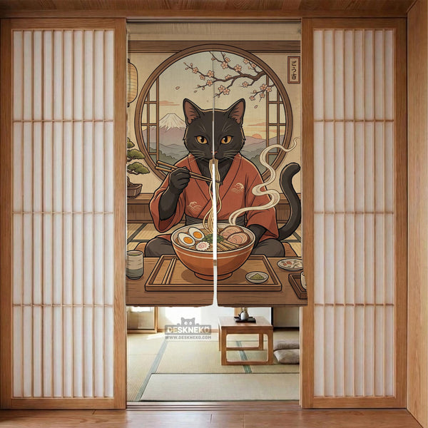 A decorative door curtain with a black cat design, cherry blossoms, and warm neutral background tones.