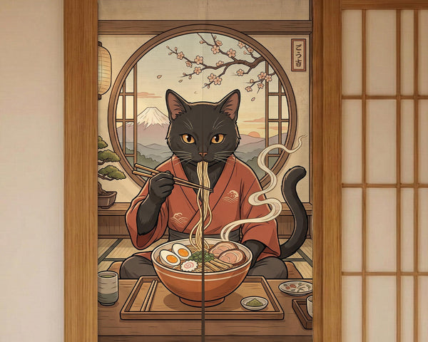 A decorative door curtain with a black cat design, cherry blossoms, and warm neutral background tones.