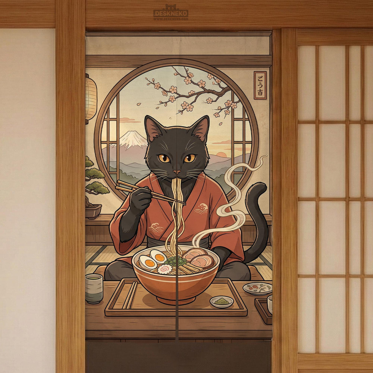 A decorative door curtain with a black cat design, cherry blossoms, and warm neutral background tones.