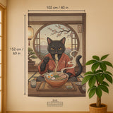A decorative door curtain with a black cat design, cherry blossoms, and warm neutral background tones.