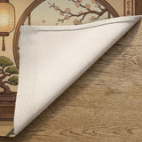 A decorative door curtain with a black cat design, cherry blossoms, and warm neutral background tones.