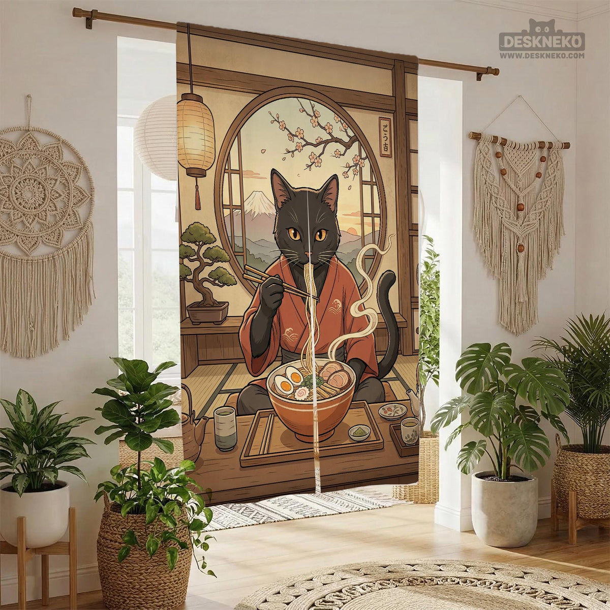 A decorative door curtain with a black cat design, cherry blossoms, and warm neutral background tones.