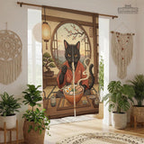 A decorative door curtain with a black cat design, cherry blossoms, and warm neutral background tones.