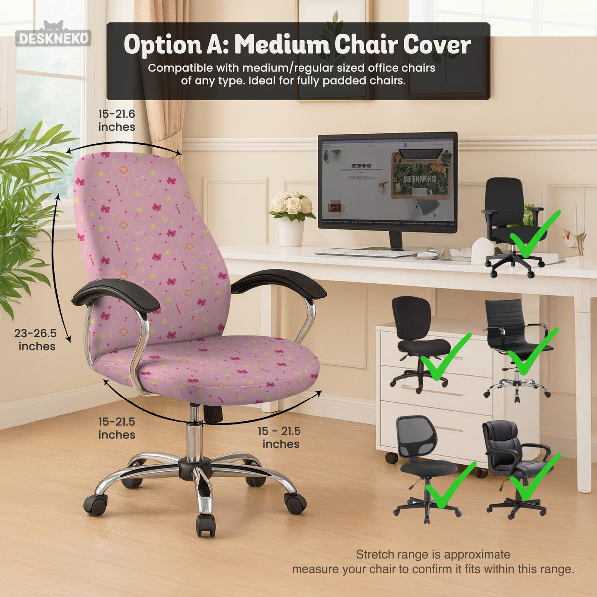 Pink chair cover with a pattern of moons, stars, bows, and small decorative shapes on a chair with armrests.