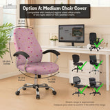 Pink chair cover with a pattern of moons, stars, bows, and small decorative shapes on a chair with armrests.