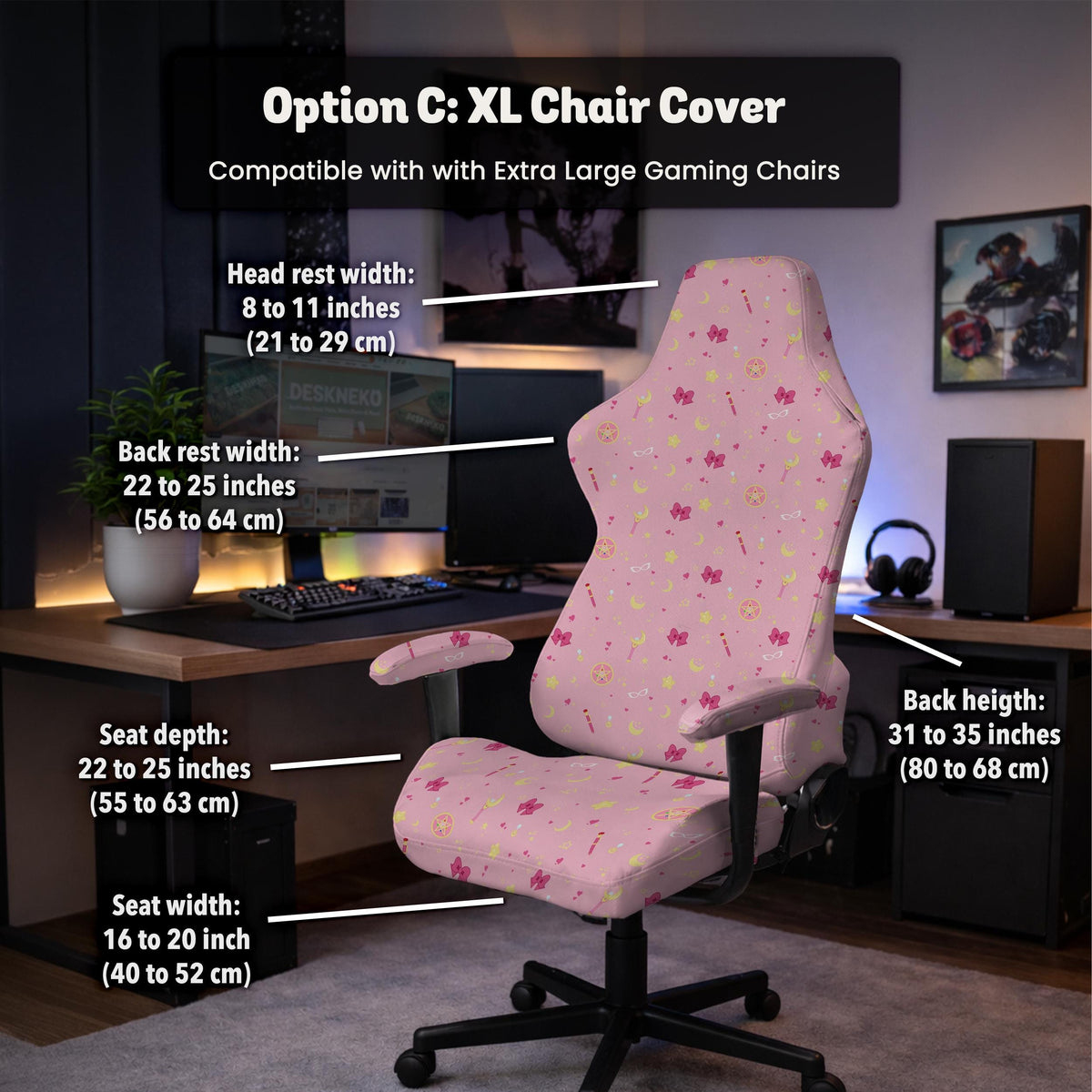 Pink chair cover with a pattern of moons, stars, bows, and small decorative shapes on a chair with armrests.