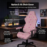 Pink chair cover with a pattern of moons, stars, bows, and small decorative shapes on a chair with armrests.
