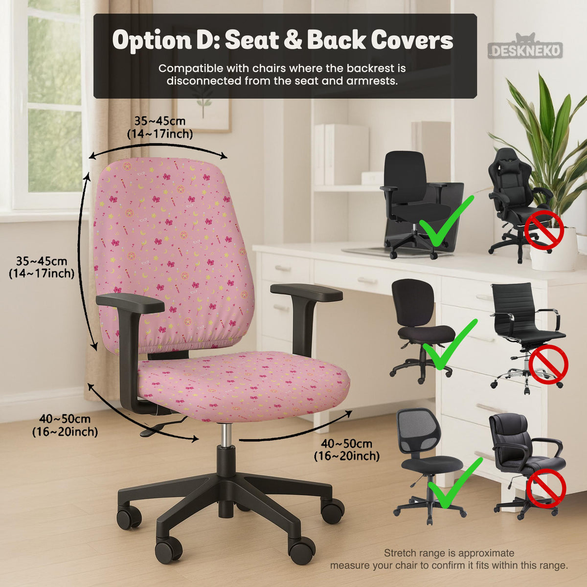 Pink chair cover with a pattern of moons, stars, bows, and small decorative shapes on a chair with armrests.