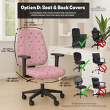 Pink chair cover with a pattern of moons, stars, bows, and small decorative shapes on a chair with armrests.