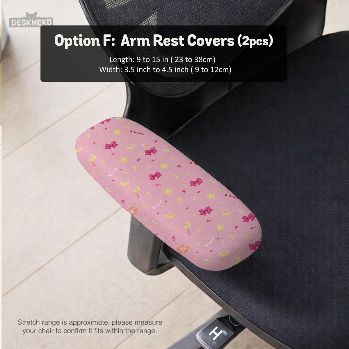 Pink chair cover with a pattern of moons, stars, bows, and small decorative shapes on a chair with armrests.
