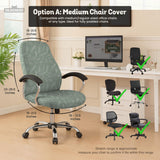Office chair cover in muted sage green with a light leaf pattern on a white background.
