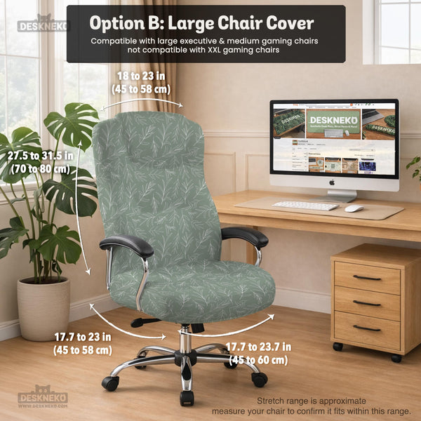 Office chair cover in muted sage green with a light leaf pattern on a white background.