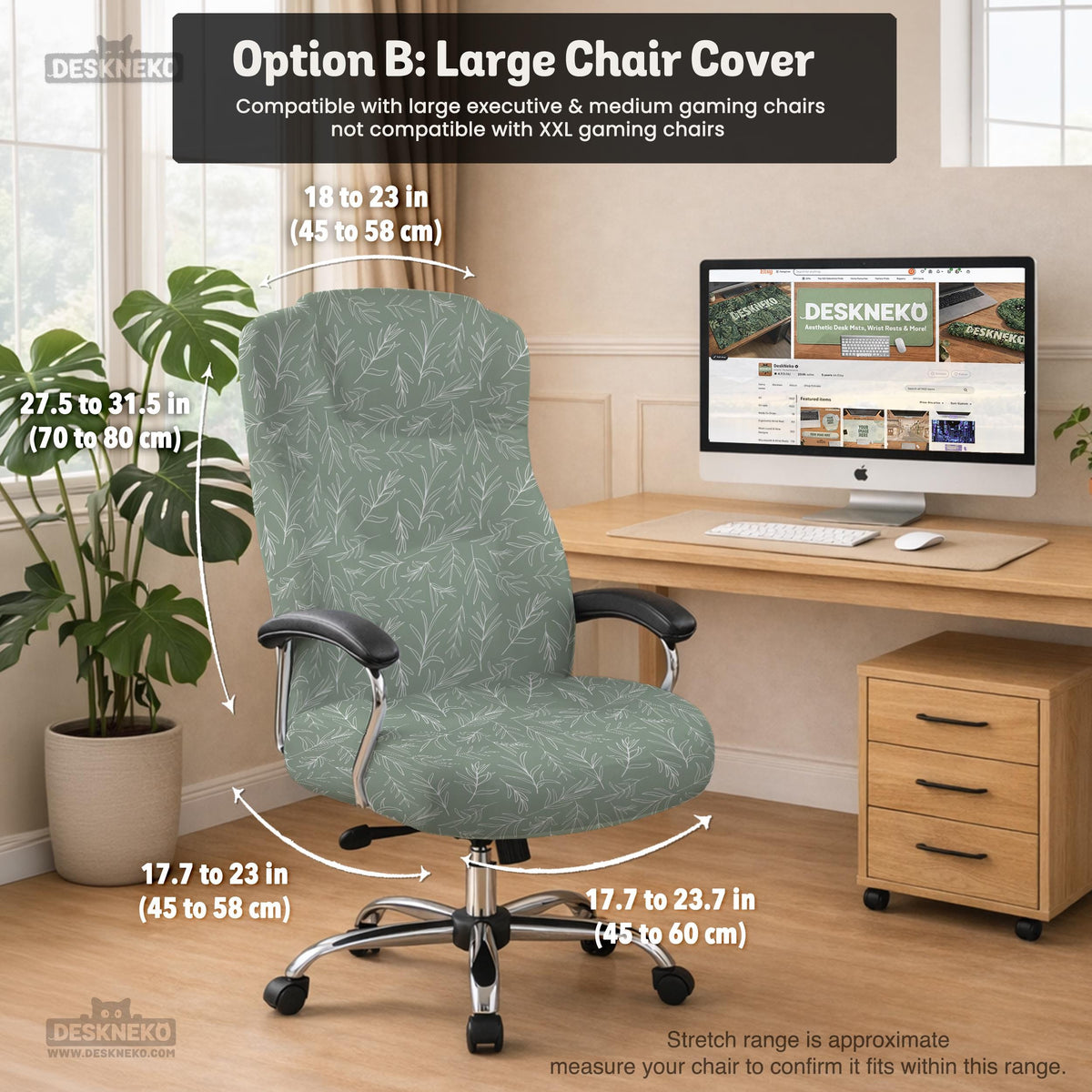Office chair cover in muted sage green with a light leaf pattern on a white background.