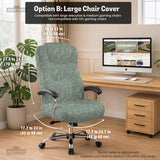 Office chair cover in muted sage green with a light leaf pattern on a white background.