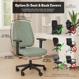 Office chair cover in muted sage green with a light leaf pattern on a white background.