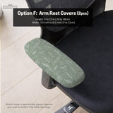 Office chair cover in muted sage green with a light leaf pattern on a white background.