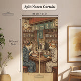 A split-panel Japanese noren curtain showing a ramen shop scene with three cats, warm lantern light, and vintage-style artwork in beige, muted teal, and brown tones.