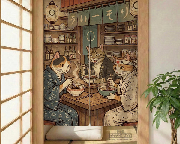 A split-panel Japanese noren curtain showing a ramen shop scene with three cats, warm lantern light, and vintage-style artwork in beige, muted teal, and brown tones.