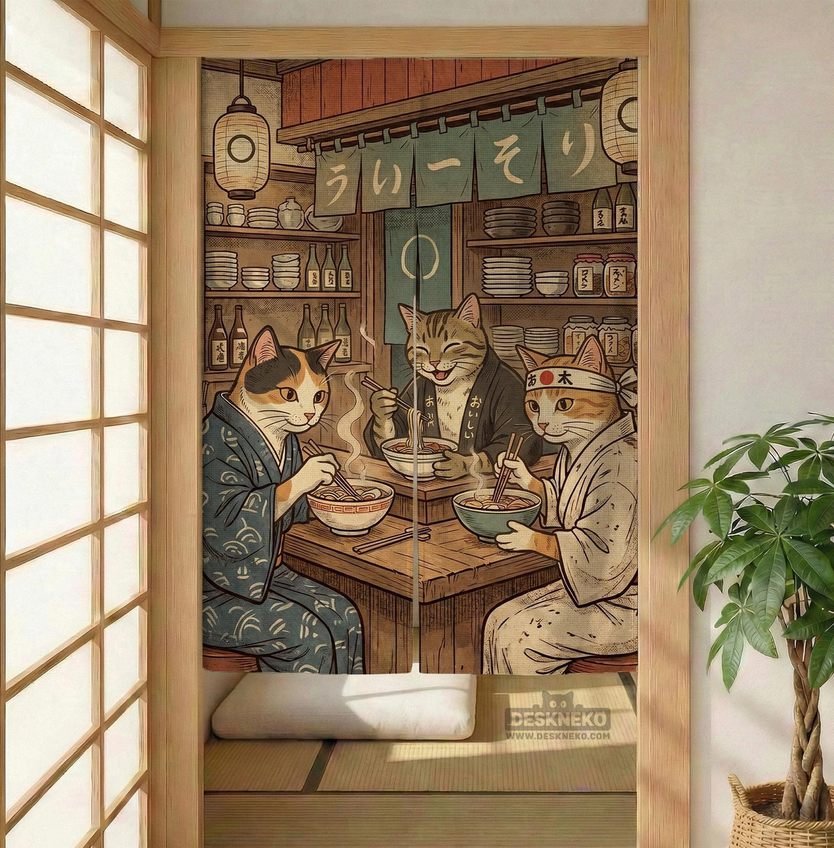 A split-panel Japanese noren curtain showing a ramen shop scene with three cats, warm lantern light, and vintage-style artwork in beige, muted teal, and brown tones.