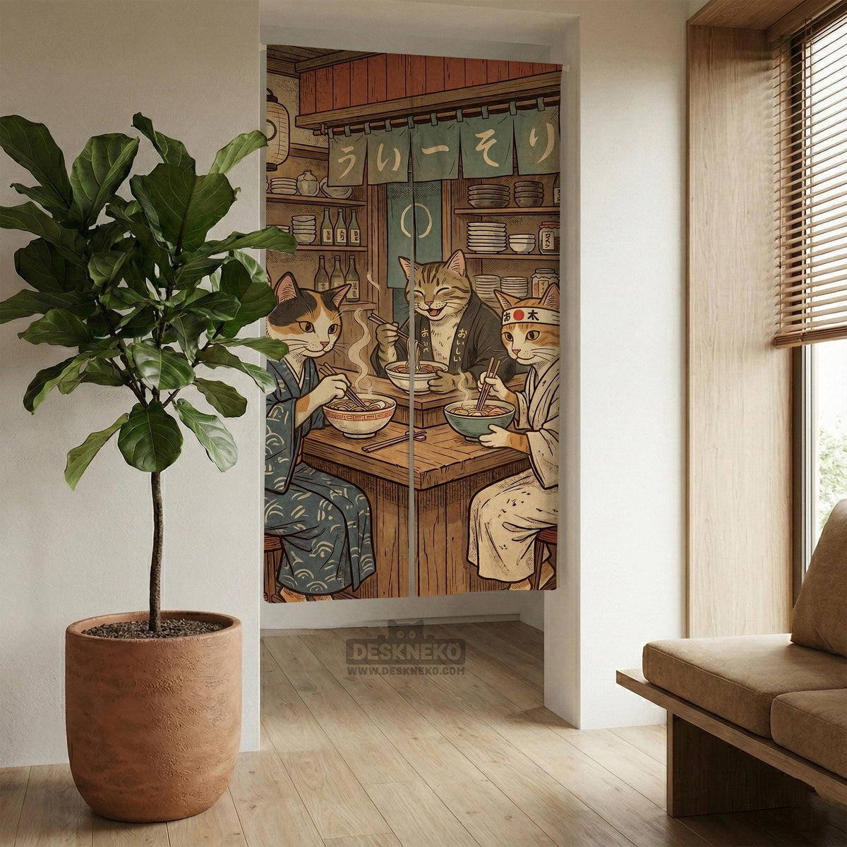 A split-panel Japanese noren curtain showing a ramen shop scene with three cats, warm lantern light, and vintage-style artwork in beige, muted teal, and brown tones.
