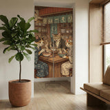 A split-panel Japanese noren curtain showing a ramen shop scene with three cats, warm lantern light, and vintage-style artwork in beige, muted teal, and brown tones.