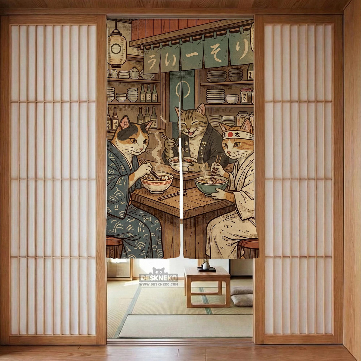 A split-panel Japanese noren curtain showing a ramen shop scene with three cats, warm lantern light, and vintage-style artwork in beige, muted teal, and brown tones.